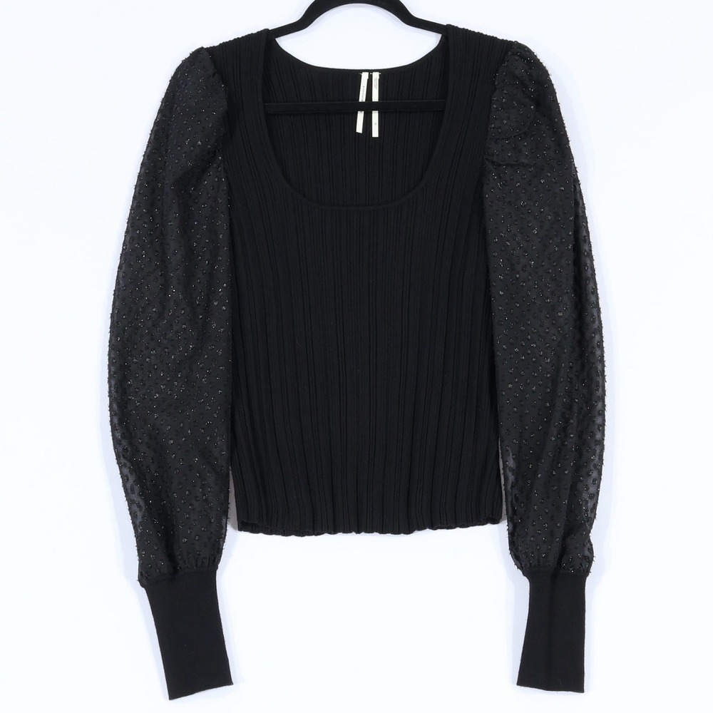 Anthropologie Puff Sleeve Top Women 1X Black Swiss Dot Ribbed Square Neck Chic
